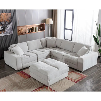 Roundhill Furniture Breton Contemporary Fabric Tufted Modular Sectional Sofa with Ottoman, Oyster