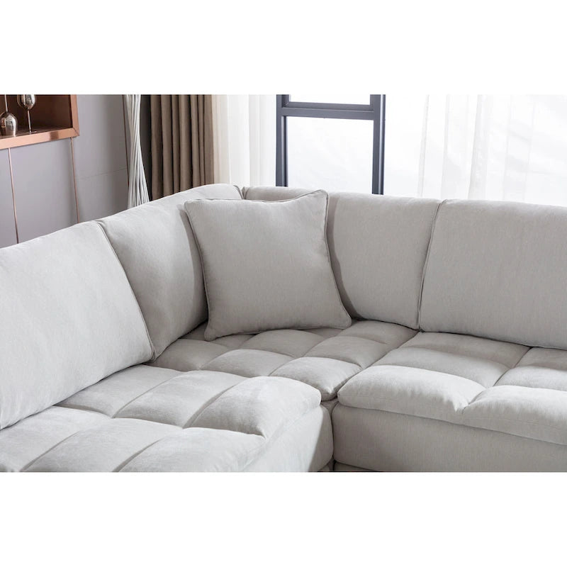 Roundhill Furniture Breton Contemporary Fabric Tufted Modular Sectional Sofa with Ottoman, Oyster