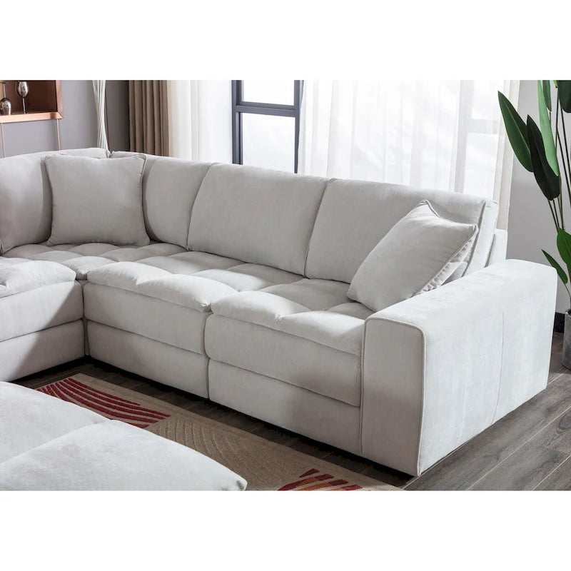 Roundhill Furniture Breton Contemporary Fabric Tufted Modular Sectional Sofa with Ottoman, Oyster