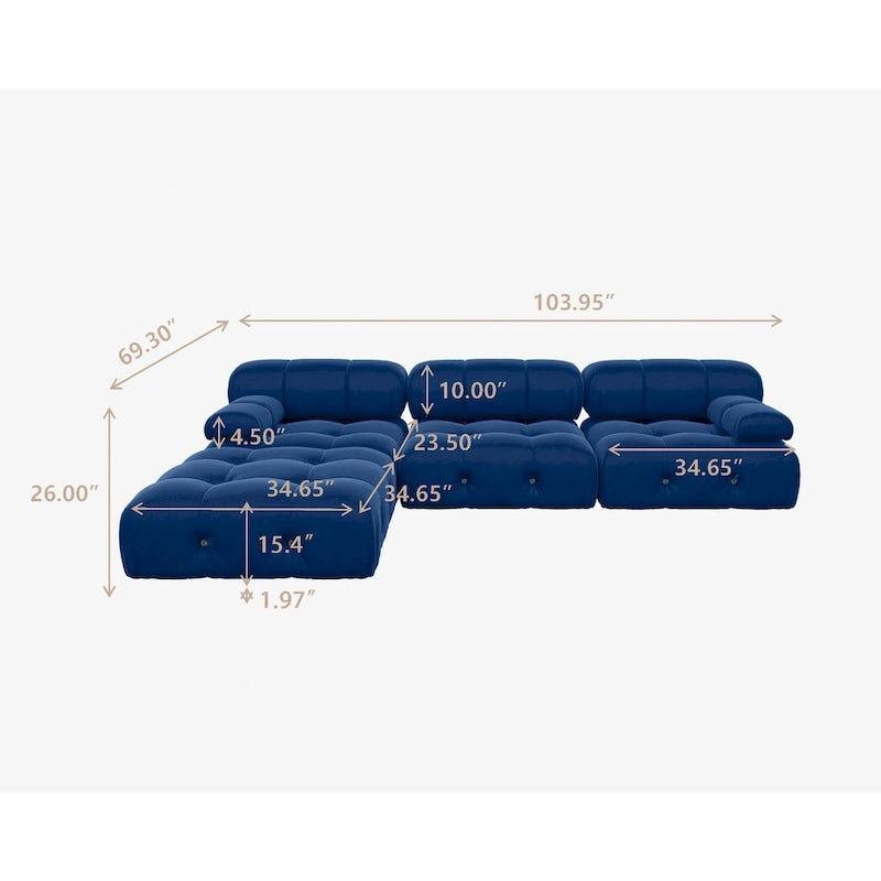 104  Wide Velvet Reversible Modular Sofa & Chaise with Ottoman