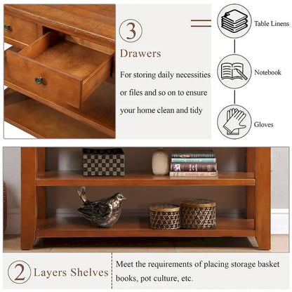 48  Solid Pine Wood Top Console Table with 3 Storage Drawers
