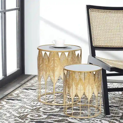 Adeco Gold Leaves End Tables Accent Coffee Nightstands Set of 2
