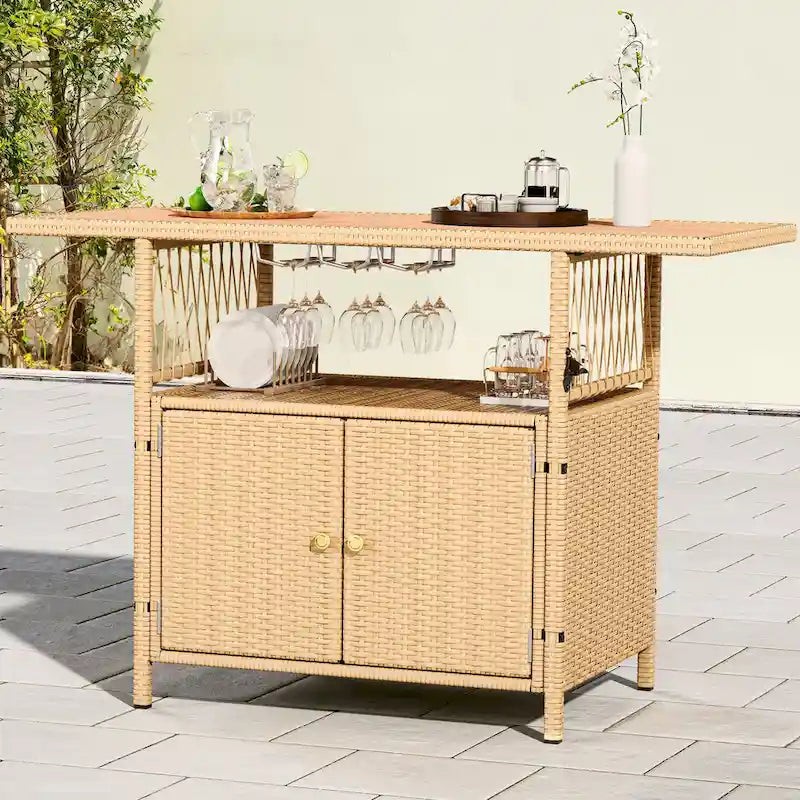 Moasis Outdoor Storage Cabinet Patio Wicker Bar Counter Backyard Furniture w/Plastic Wood Tabletop - 50.4 L x20.9 W x 33.9 H