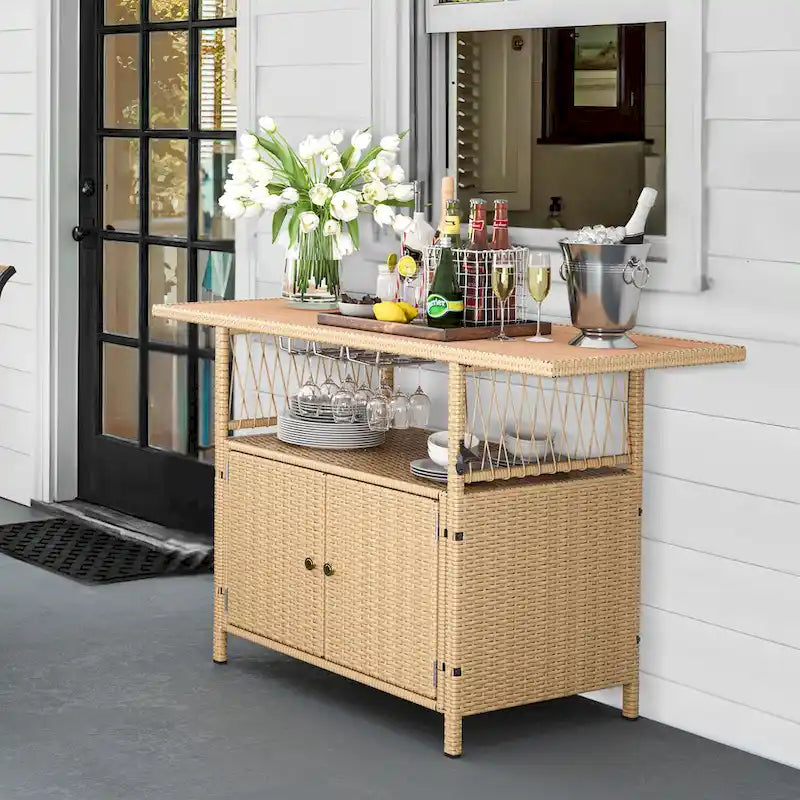 Mobile Bar da Esterno Moasis in Vimini con Tavolo in Legno Sintetico - 128 L x 53 W x 86 H cm