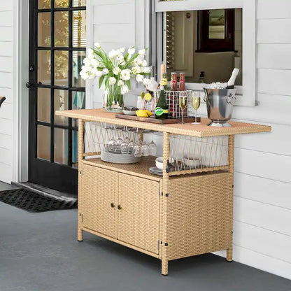 Mobile Bar da Esterno Moasis in Vimini con Tavolo in Legno Sintetico - 128 L x 53 W x 86 H cm