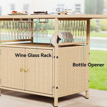 Mobile Bar da Esterno Moasis in Vimini con Tavolo in Legno Sintetico - 128 L x 53 W x 86 H cm