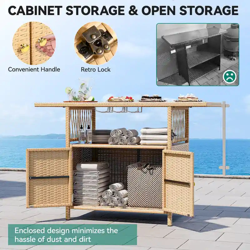 Mobile Bar da Esterno Moasis in Vimini con Tavolo in Legno Sintetico - 128 L x 53 W x 86 H cm
