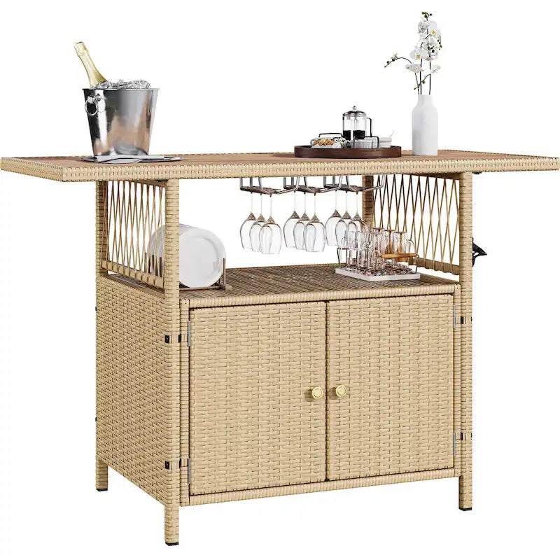 Mobile Bar da Esterno Moasis in Vimini con Tavolo in Legno Sintetico - 128 L x 53 W x 86 H cm
