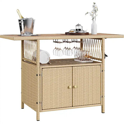 Mobile Bar da Esterno Moasis in Vimini con Tavolo in Legno Sintetico - 128 L x 53 W x 86 H cm