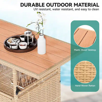 Mobile Bar da Esterno Moasis in Vimini con Tavolo in Legno Sintetico - 128 L x 53 W x 86 H cm