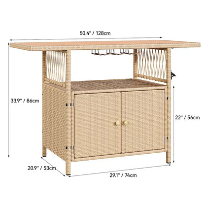 Mobile Bar da Esterno Moasis in Vimini con Tavolo in Legno Sintetico - 128 L x 53 W x 86 H cm