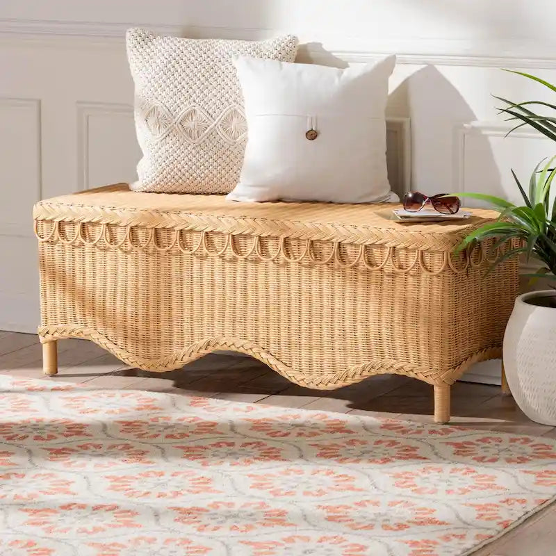 Erla Bohemian Light Honey Rattan Accent Bench with Scallop border