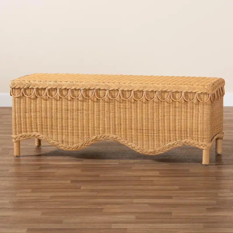 Erla Bohemian Light Honey Rattan Accent Bench with Scallop border