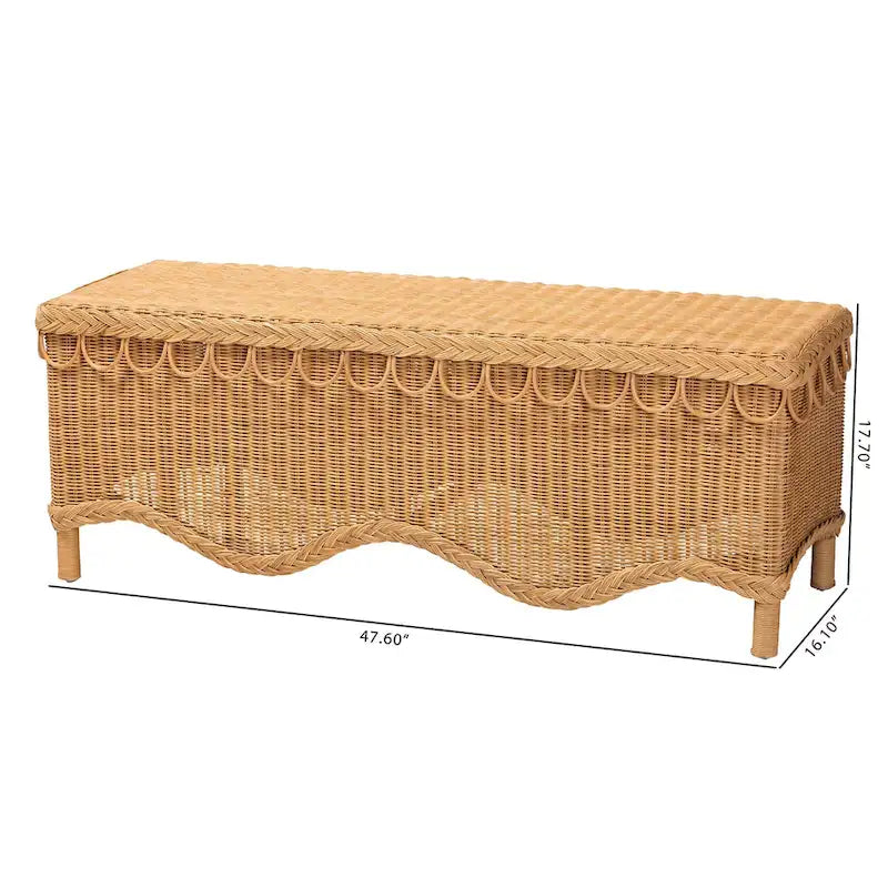 Erla Bohemian Light Honey Rattan Accent Bench with Scallop border