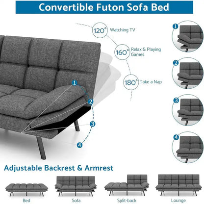 Memory Foam Futon Couch Bed Convertible Sofa with Adjustable Splitback for Compact Living Space