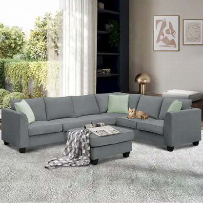112*87  Sectional Sofa Couches Living Room Sets 7 Seats Modular Sectional Sofa with 3 Pillows, Grey