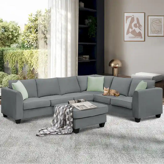 112*87  Sectional Sofa Couches Living Room Sets 7 Seats Modular Sectional Sofa with 3 Pillows, Grey