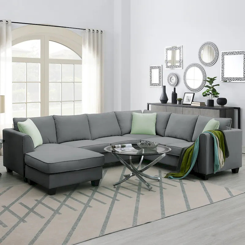112*87  Sectional Sofa Couches Living Room Sets 7 Seats Modular Sectional Sofa with 3 Pillows, Grey