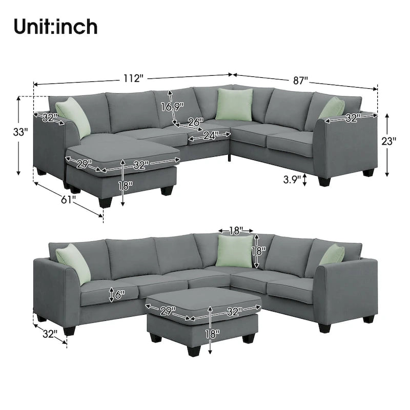 112*87  Sectional Sofa Couches Living Room Sets 7 Seats Modular Sectional Sofa with 3 Pillows, Grey