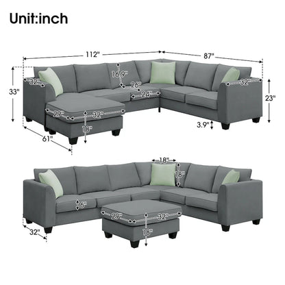112*87  Sectional Sofa Couches Living Room Sets 7 Seats Modular Sectional Sofa with 3 Pillows, Grey