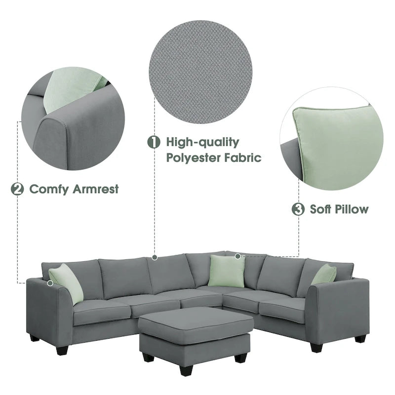 112*87  Sectional Sofa Couches Living Room Sets 7 Seats Modular Sectional Sofa with 3 Pillows, Grey