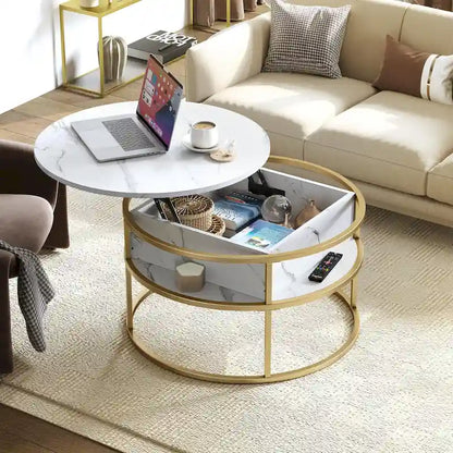 Round Lift Top Coffee Table White Marbling Top and Gold Frame
