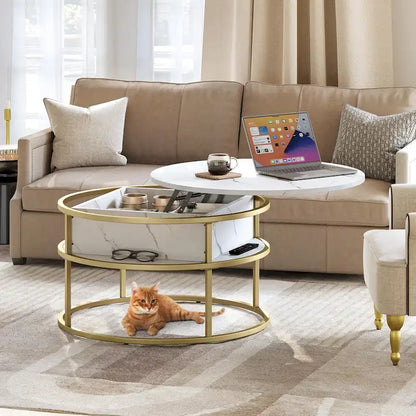 Round Lift Top Coffee Table White Marbling Top and Gold Frame