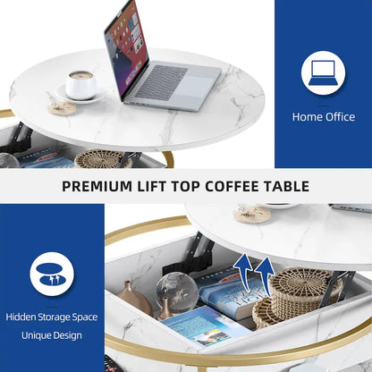 Round Lift Top Coffee Table White Marbling Top and Gold Frame