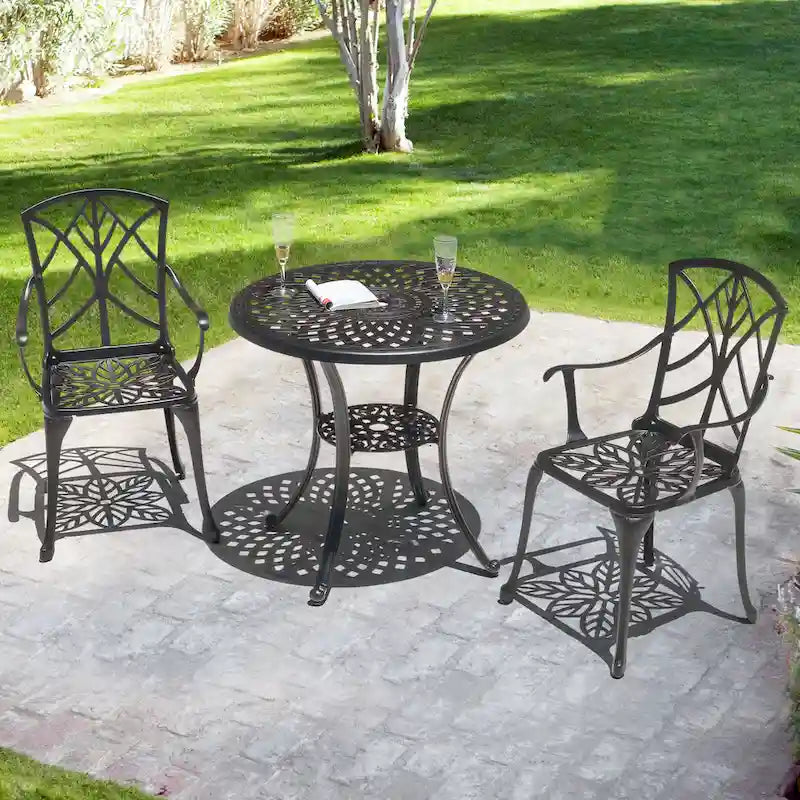 Set da 2 sedie da patio per esterni, in fusione di alluminio, nere con bordo verniciato color oro