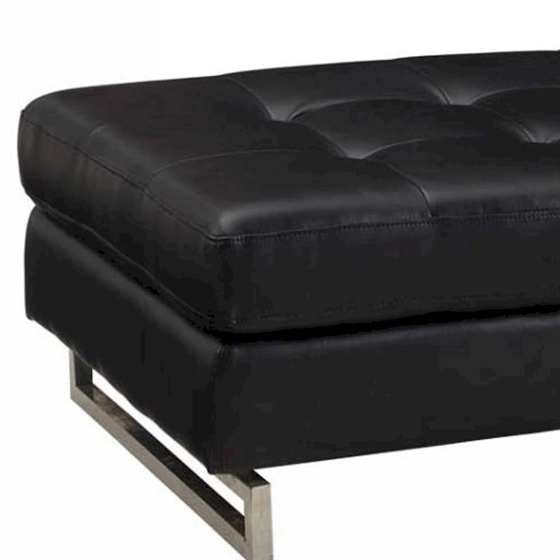 HomeRoots 63  Black Tufted Faux Leather and Silver Ottoman
