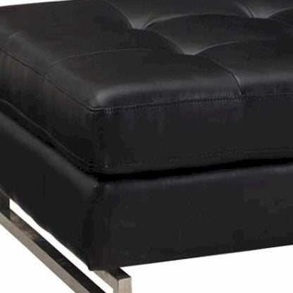 HomeRoots 63  Black Tufted Faux Leather and Silver Ottoman