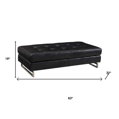 HomeRoots 63  Black Tufted Faux Leather and Silver Ottoman