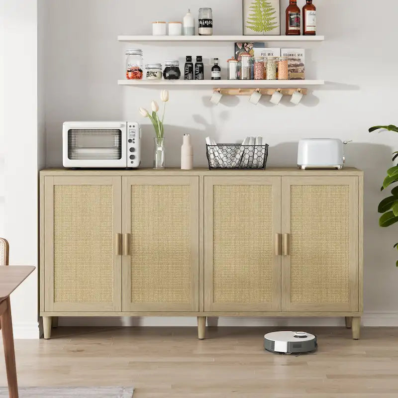 Functional 4-Door Rattan Decorative Storage Cabinet