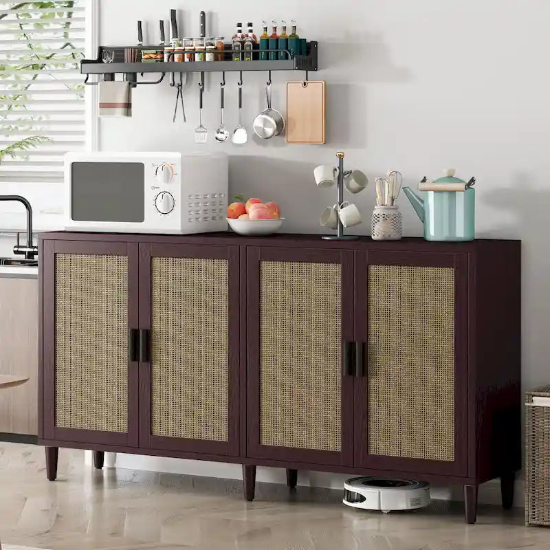 Functional 4-Door Rattan Decorative Storage Cabinet