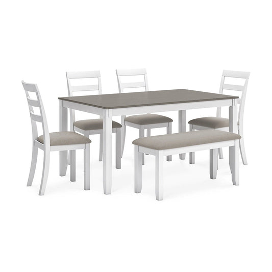 Signature Design by Ashley Stonehollow White and Gray Dining Table and Chairs with Bench (Set of 6)