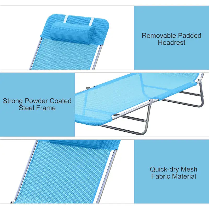 Lettino Prendisole Portatile Outsunny, Sedia a Sdraio Pieghevole con Schienale Regolabile e Cuscino per Spiaggia, Piscina e Patio, Blu