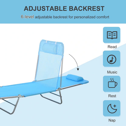 Lettino Prendisole Portatile Outsunny, Sedia a Sdraio Pieghevole con Schienale Regolabile e Cuscino per Spiaggia, Piscina e Patio, Blu