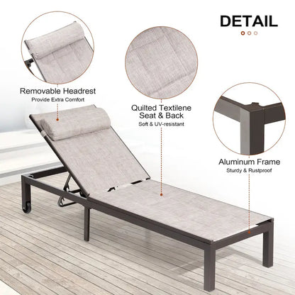 Outdoor Adjustable Quilted Chaise Lounge Chairs with Wheels (Set of 2) - 77.17 L  23.62 W  13.38 H
