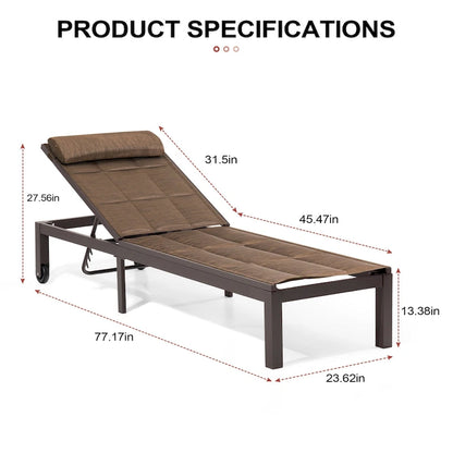 Outdoor Adjustable Quilted Chaise Lounge Chairs with Wheels (Set of 2) - 77.17 L  23.62 W  13.38 H