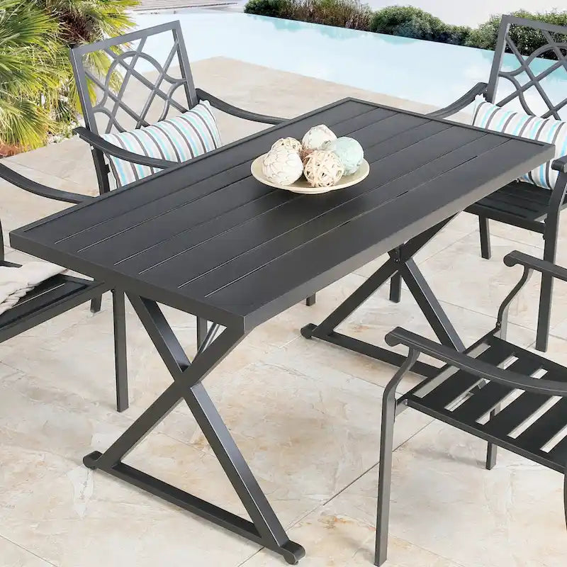 Patio Rectangle Dining Table with Umbrella Hole for Garden, Lawn, Deck