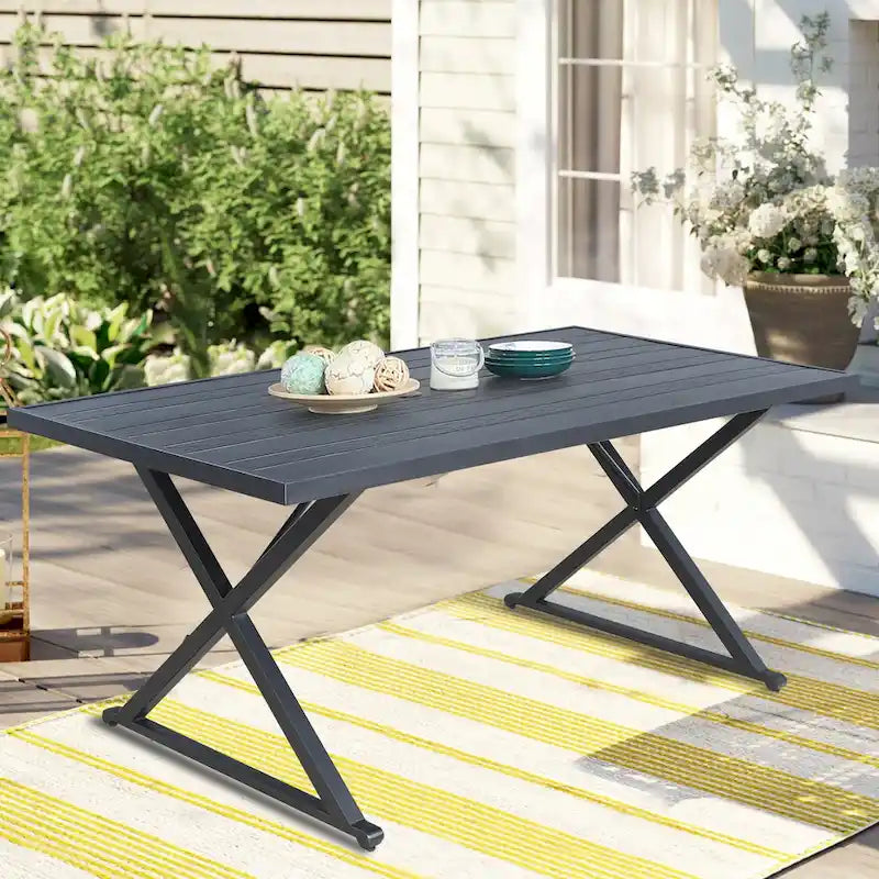 Tavolo da pranzo rettangolare da patio con foro per ombrellone per giardino, prato, terrazzo
