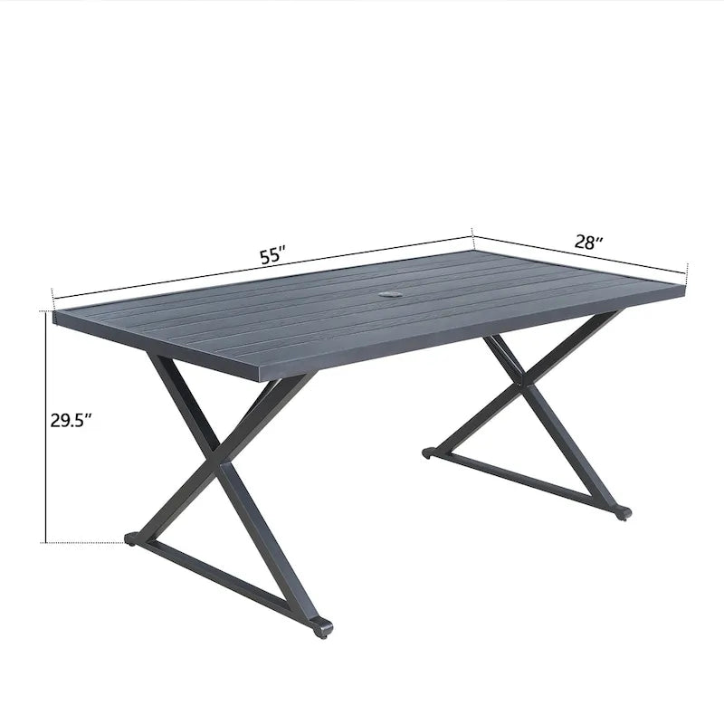 Tavolo da pranzo rettangolare da patio con foro per ombrellone per giardino, prato, terrazzo