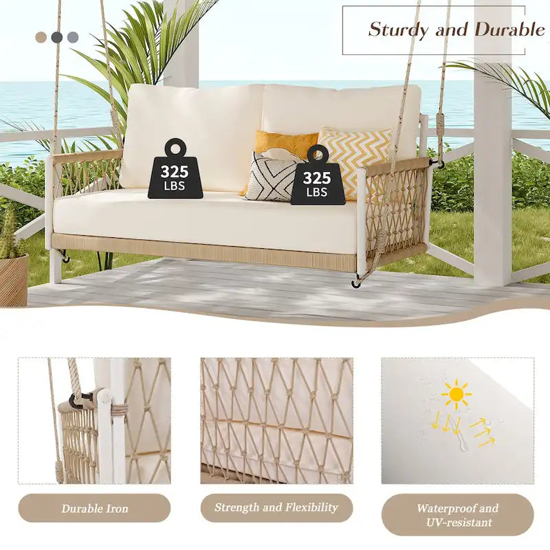 1-Piece Woven Rope Outdoor Swing Sofa with Soft Cushions Seating 2 for Patio, Courtyard and Balcony