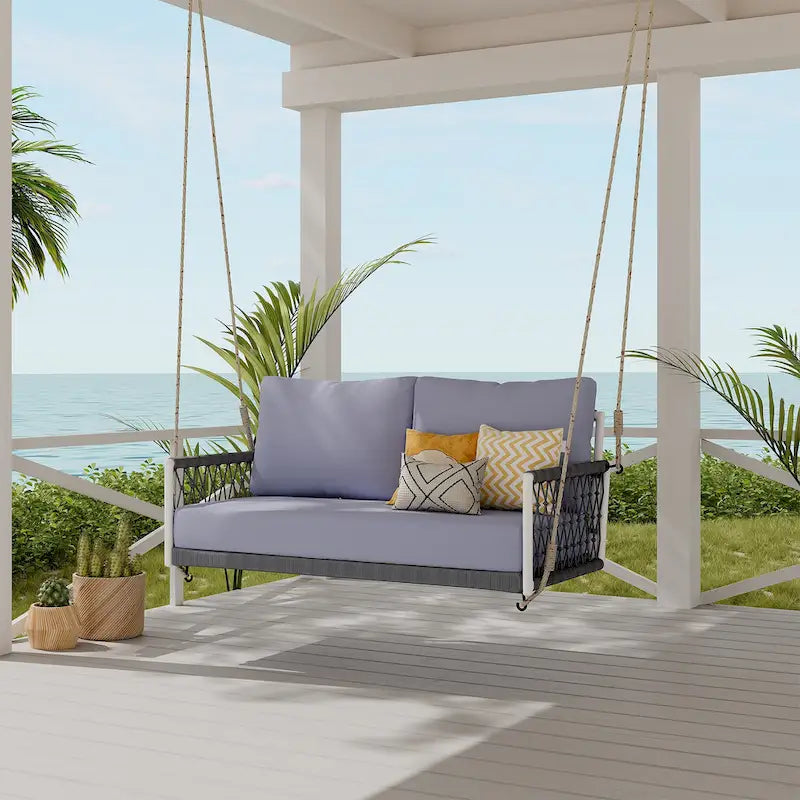 1-Piece Woven Rope Outdoor Swing Sofa with Soft Cushions Seating 2 for Patio, Courtyard and Balcony