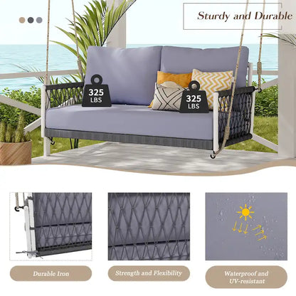 1-Piece Woven Rope Outdoor Swing Sofa with Soft Cushions Seating 2 for Patio, Courtyard and Balcony