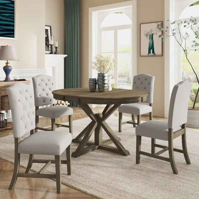Dining Table Set with Extendable Table and 4 Upholstered Chairs