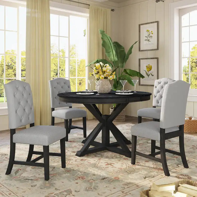 Dining Table Set with Extendable Table and 4 Upholstered Chairs