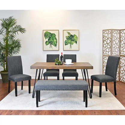 Roundhill Furniture Amisos 6-Piece Dining Set, Hairpin Dining Table with 4 Chairs and Upholstery Bench