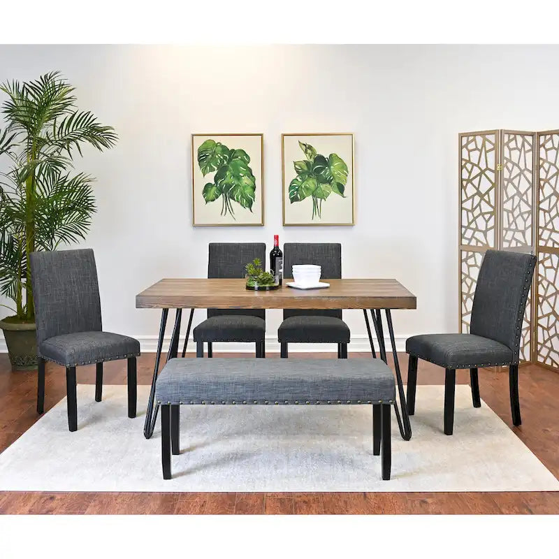 Roundhill Furniture Amisos 6-Piece Dining Set, Hairpin Dining Table with 4 Chairs and Upholstery Bench