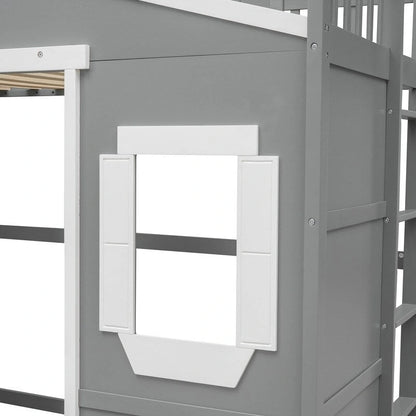 House Loft Bed Twin Kids Playhouse Bed, Solid Wood Loft Bed Frame with Window and Ladder